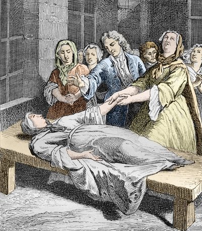Catherine Bigot che sperimenta le convulsioni gianseniste, da "Les Mysteres de la Science" di Louis Figuier (incisione) da School French