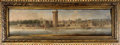 Entrata di Enrico IV a Parigi: Charles de Cosse Brissac aprì la porta della conferenza a Enrico IV - paesaggio mediano di uno dei grandi pannelli della stanza - Salon de la Meilleraye da School French