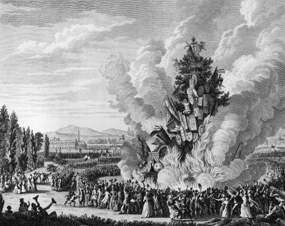 Rivoluzione Francese: Commemorazione della presa della Bastiglia il 14 luglio 1792 con un grande rogo che brucia i simboli della monarchia dal palazzo delle Tuileries. Parigi, Biblioteca dell