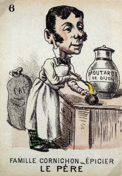 Gioco delle Sette Famiglie: Il padre della Famiglia Cornichon-droghiere che prepara la senape di Digione. Musée de la Carte à Jouer, Issy-les-Moulineaux da School French