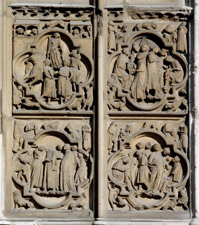 Arte gotica: scene di insegnamento. Dettaglio del portale sud della Cattedrale di Notre-Dame a Parigi da School French