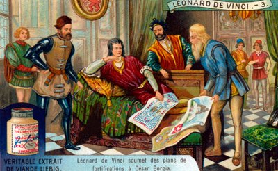 Ingegnere militare, La vita di Leonardo da Vinci, Carta Liebig (stampa) da School French