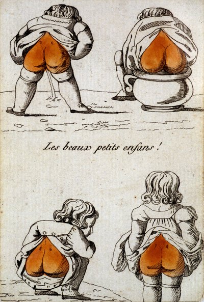 Vecchia carta da gioco: il quattro di cuori - "Bei bambini piccoli" che mostrano i loro glutei a forma di cuore. Musée de la Carte à Joueur, Issy-les-Moulineaux da School French