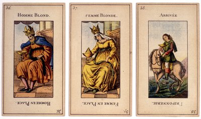 Vecchie carte da gioco raffiguranti il re "uomo biondo", la regina "donna bionda" e l