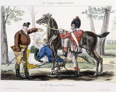 Lezione di equitazione o amante distratto - disegno umoristico da School French