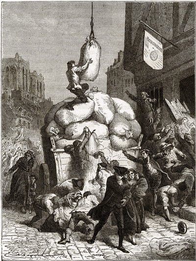 La Guerra delle Farine: saccheggio delle panetterie a Parigi, intorno al 1775 (primi frutti della Rivoluzione Francese). da School French