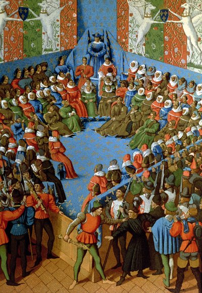 Verdetto su Jean, Duca di Alençon, accusato di aver cospirato con gli inglesi contro i francesi, facsimile di un manoscritto del XV secolo di Jean Fouquet da School French