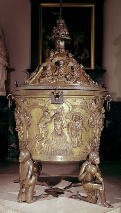 Fonte battesimale con un pannello in rilievo del Battesimo di Cristo, sostenuto da quattro figure inginocchiate che rappresentano i fiumi del paradiso, tedesco, c.1225-30 (bronzo) da School German