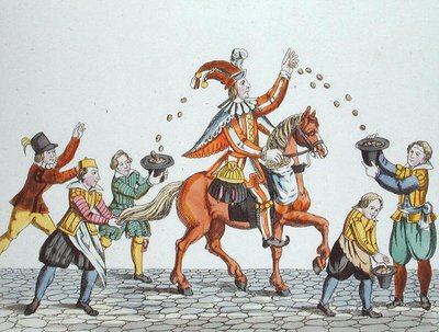 Giullare su un cavallo castano che lancia cibo ai bambini, da 
