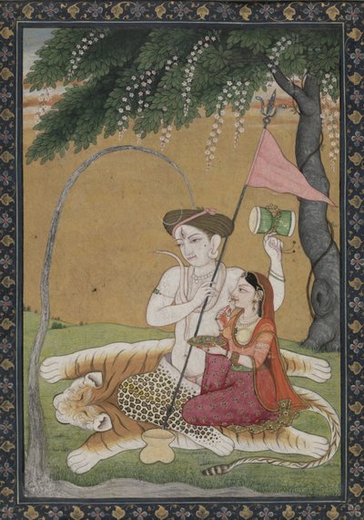 Shiva e Parvati su pelle di tigre da School Guler