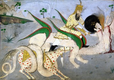 Un guerriero a cavallo che attacca un drago, illustrazione da un libro sui mistici indiani da School Indian