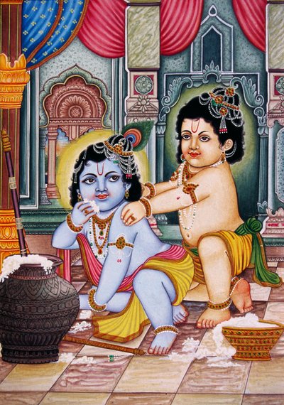 Bal Krishna con Balram Miniatura su carta da School Indian