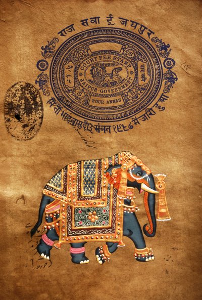 Elefante, dipinto a mano e vecchia carta da bollo, Jaipur, Rajasthan, India da School Indian