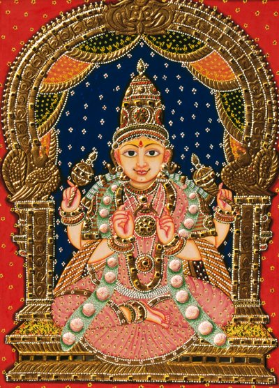 Dea Saraswati in rilievo, pittura di Tanjore da School Indian