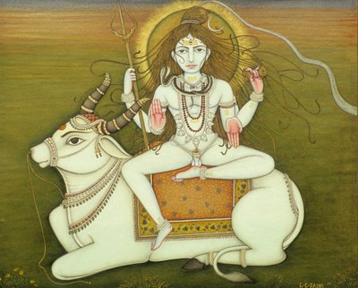 Dio Shiva in posa nuda, miniatura su carta da School Indian