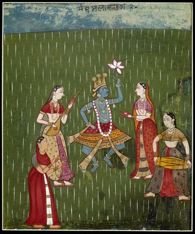 Dea Krishna che danza sotto la pioggia con musicisti (miniatura) da School Indian