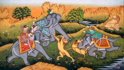 Caccia alle tigri su miniatura su carta da School Indian