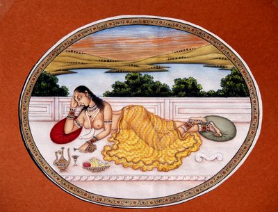 Miniatura dipinta su carta di una signora che si gode una bevanda da School Indian