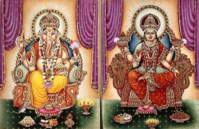 Signore Ganesh Ganpati Dea e Lakshmi Miniatura su Avorio da School Indian