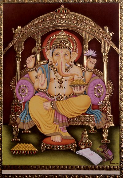 Miniatura di Lord Ganesh Ganpati su carta con doratura da School Indian
