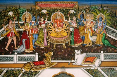 Signore Ganesh Ganpati con Brahma, Vishnu, Shiva, Durga da School Indian