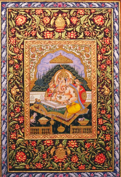 Miniatura dipinta su carta di Lord Ganesha Ganpati con rilievo dorato da School Indian