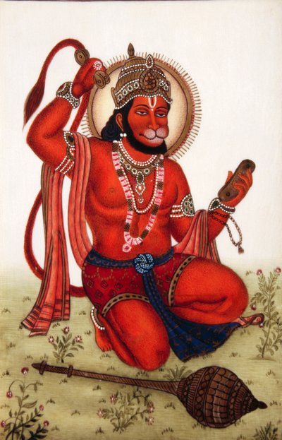 Dipinto in miniatura di Lord Hanuman su avorio da School Indian