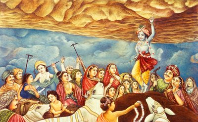 Signore Krishna che solleva la montagna Miniatura da School Indian