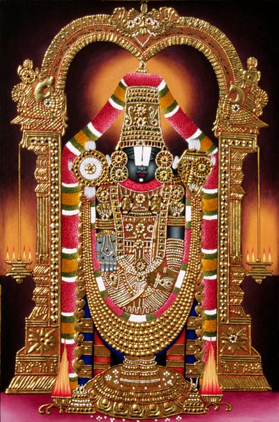 Signore Thirupati Balaji Miniatura su carta con rilievo dorato da School Indian
