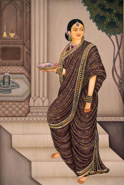 Signora Marathi che va al tempio, Miniatura su carta da School Indian