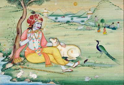 Miniatura di Krishna che suona il flauto da School Indian