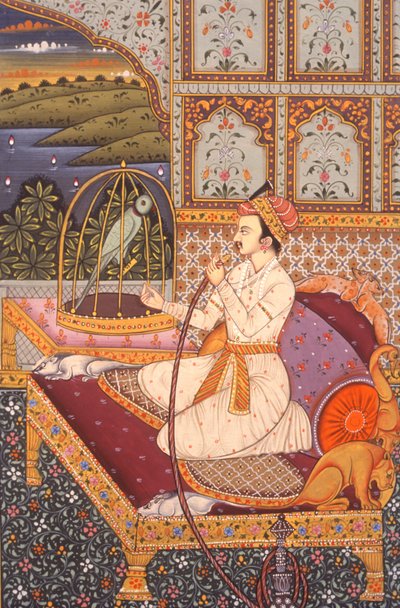 Miniatura di un principe Mughal che si gode il narghilè, India da School Indian