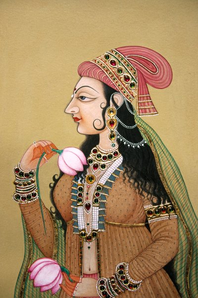 Miniatura dipinta su carta di un ritratto di una signora reale Mughal da School Indian