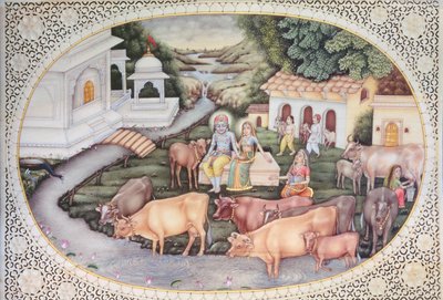 Miniatura di Krishna e una lattaia seduti in un campo con bestiame da School Indian