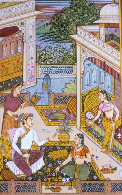 Miniatura Mughal su carta Reale che si gode una bevanda da School Indian