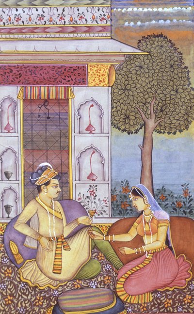 Miniatura Mughal su carta Reale Re che si gode una bevanda da School Indian