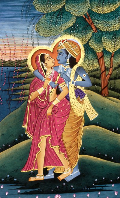 Dipinto di Dio Krishna e la sua più Grande Devota Radha, India da School Indian
