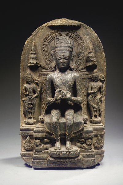 Stele in stile Pala con Buddha incoronato, India nord-orientale da School Indian