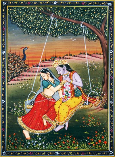 Radha Krishna che si godono Jhoola Miniatura su carta da School Indian