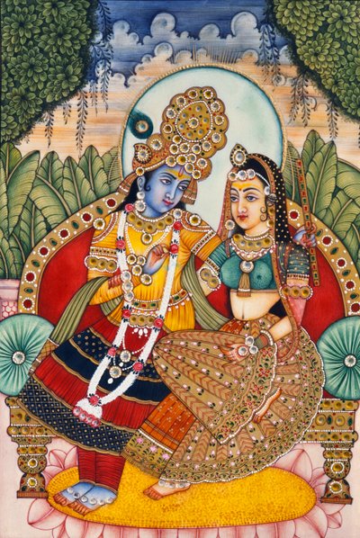 Miniatura dipinta su avorio di Radha Krishna da School Indian