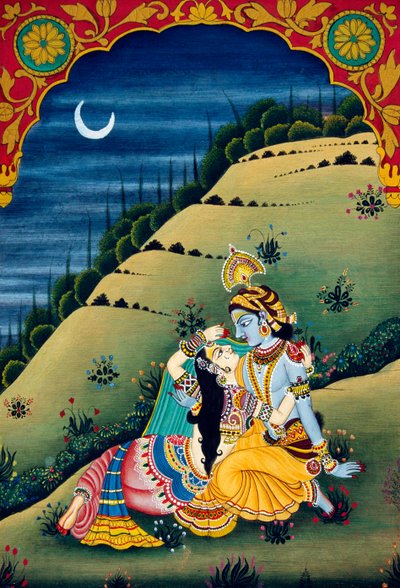 Miniatura dipinta su carta di Radha Krishna da School Indian