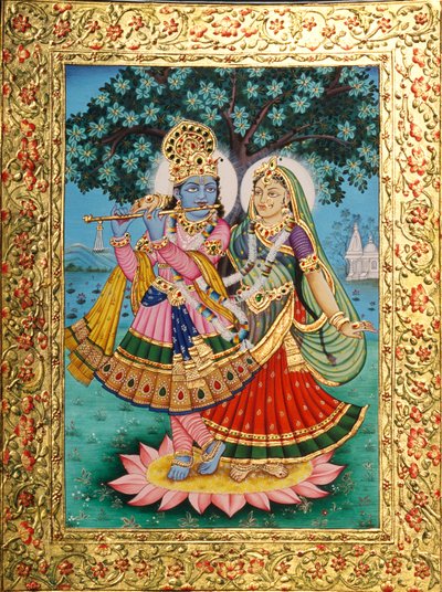 Radha Krishna, miniatura su carta con rilievo dorato da School Indian