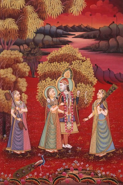 Miniatura di Radha Krishna su seta da School Indian
