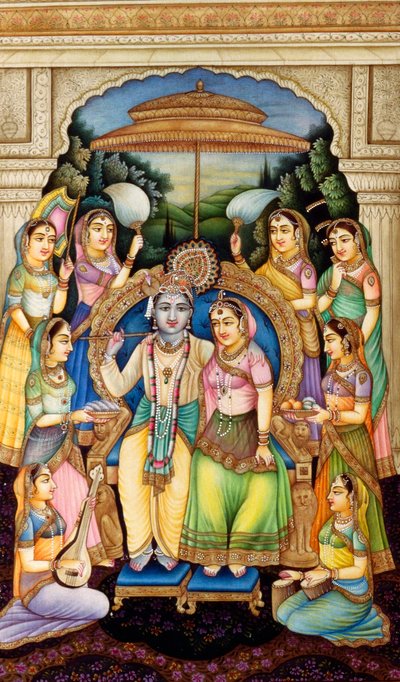 Radha Krishna in miniatura su avorio da School Indian