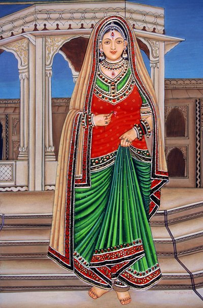 Signora del Rajasthan in miniatura su carta da School Indian