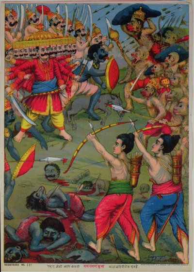 Rama e Lakshmana in battaglia con Ravana, epopea del Ramayana, 1914 circa (cromolitografia) da School Indian