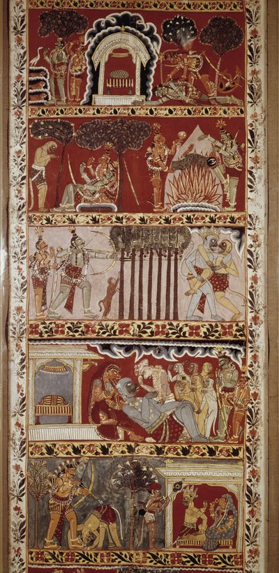 Scene del Ramayana, poema epico composto nel VI secolo da Valmiki e che racconta la leggenda di Rama. Bengala Occidentale. Biblioteca Victoria & Albert. Londra da School Indian