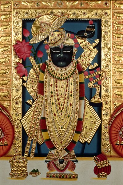 Shri Lord Shree Nathji o Shreenathji a Nathdwara Miniatura su carta con rilievo dorato da School Indian