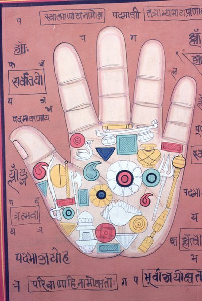 Diagramma tantrico della mano destra (guazzo e acquerello su carta) da School Indian