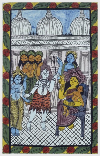 Gli dei vengono ad ammirare Krishna, incarnato nel corpo di un bellissimo bambino, Ganesha (Ganesh o Ganapati) seduto sulle ginocchia di sua madre Parvati. Pat: rotolo dipinto della regione del Bengala, che serve come mezzo narrativo per i cantanti Baoul ( da School Indian